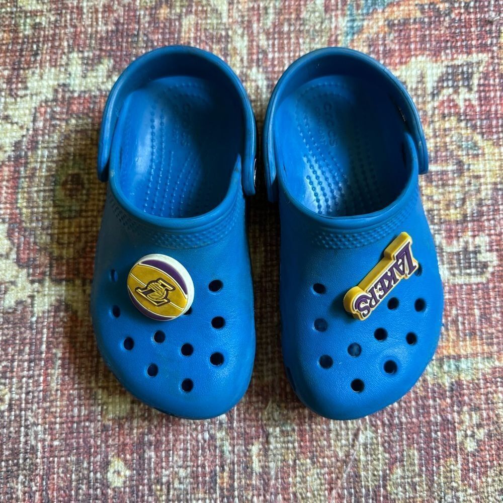 Blue Crocs size C10 with Lakers Charms